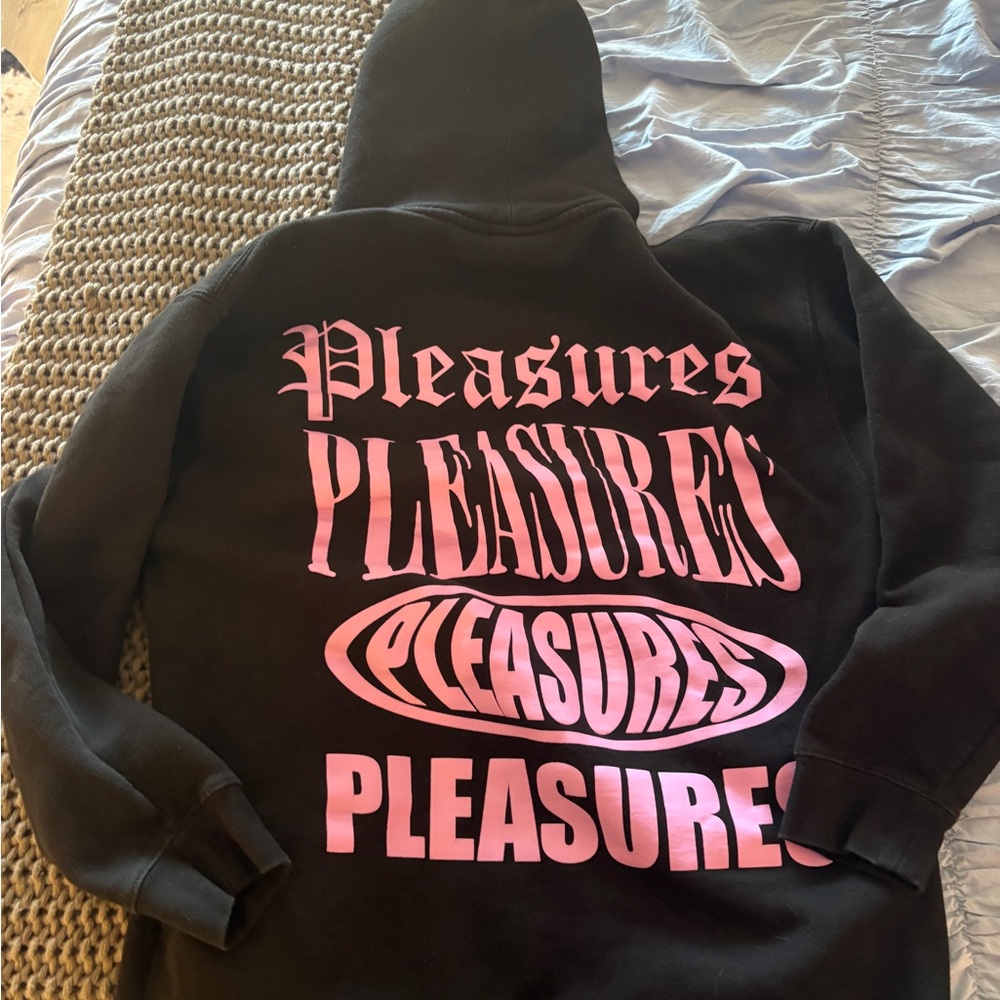 Pleasures Black Hoodie with Pink Logo